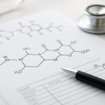Close-up of a diagram illustrating peptide structures on a sheet of paper with a stethoscope and pen beside it.