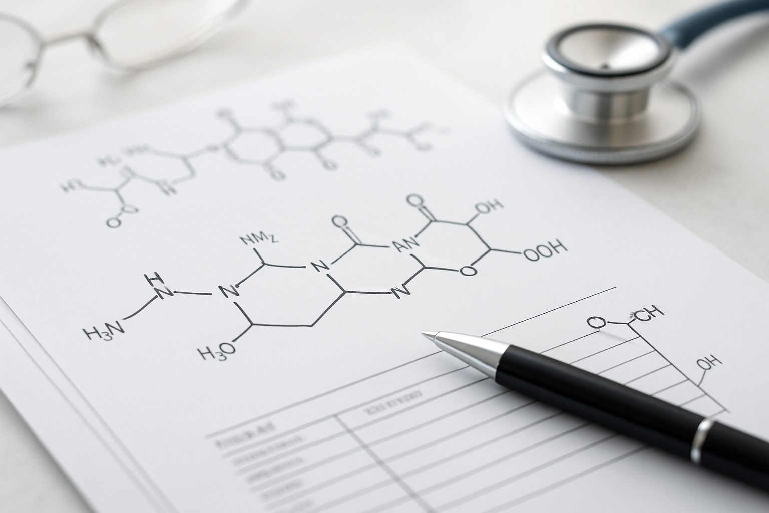 Close-up of a diagram illustrating peptide structures on a sheet of paper with a stethoscope and pen beside it.